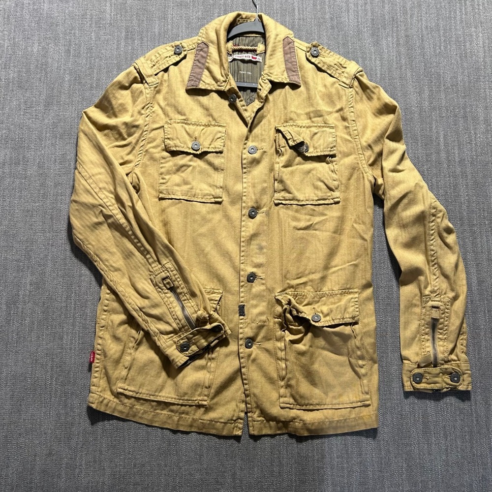 Levis Mens Military Field Jacket Mustard Tan Herringbone Cotton Utility Coat M